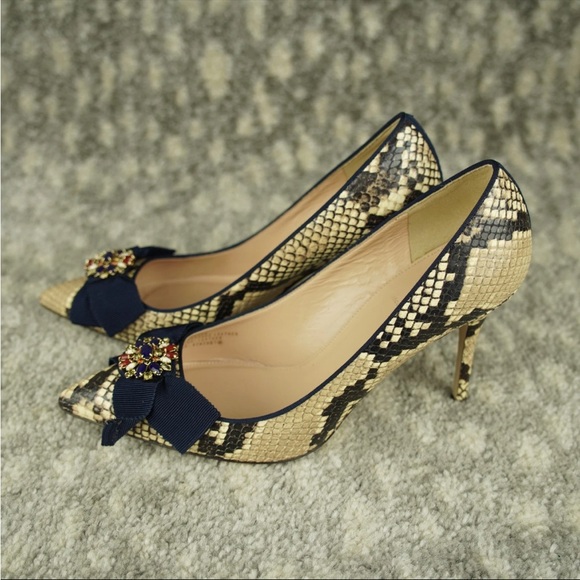 J. Crew Colette bow pumps snake-embossed leather gemstone bow Italy Sz 8 Party - Picture 3 of 16